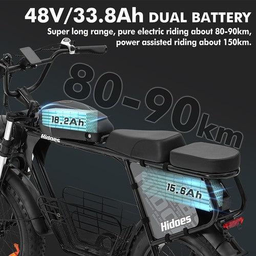 Hidoes B9 elektrische fiets, 750W motor, 48V 18.2Ah+15.6Ah dubbele accu