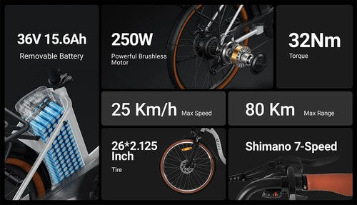 DYU C6 Pro elektrische fiets, 250W motor, 36V 15.6Ah