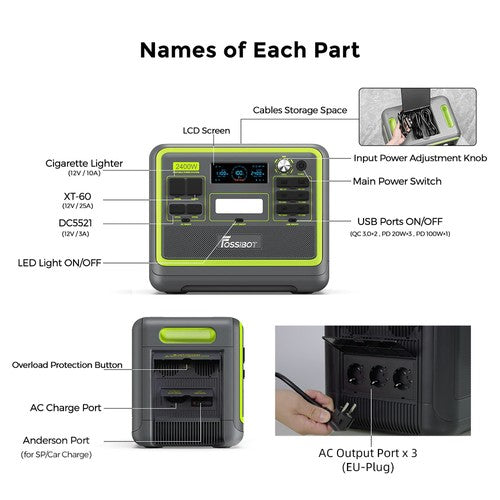 FOSSiBOT F2400 draagbaar energiestation, 2048Wh LiFePO4-batterij, 2400W vermogen, zonnegenerator