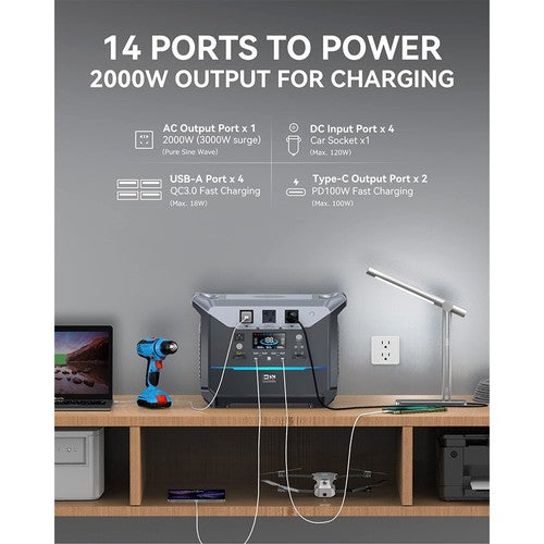 DaranEner NEO2000 draagbaar stroomstation, 2073,6 Wh LiFePO4-batterij, zonnegenerator, 2000 W