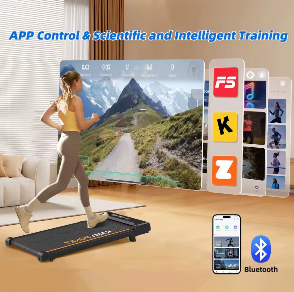 RAMYPOKET Loopband met 9% helling, stille motor, slimme app, 1–8KM/U, 120KG