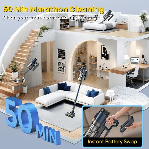Vactidy V12 draadloze stofzuiger met 50000 Pa zuigkracht en 450 W vermogen.
