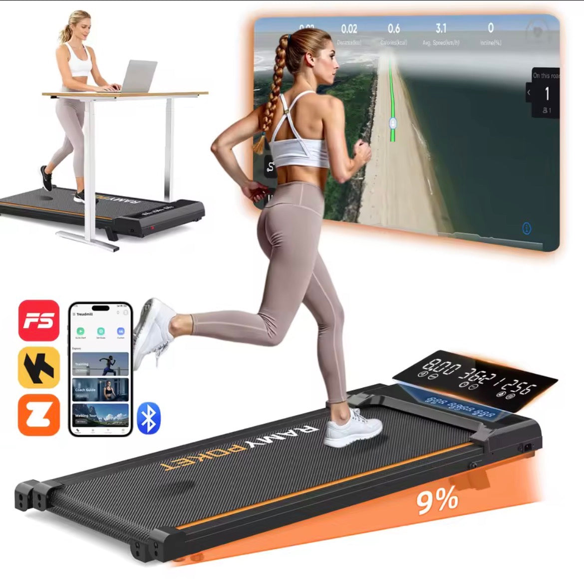 RAMYPOKET Loopband met 9% helling, stille motor, slimme app, 1–8KM/U, 120KG